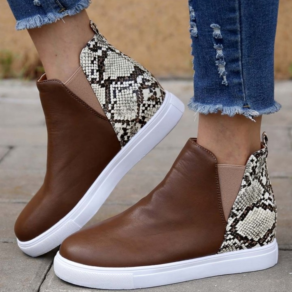 Coffee & White Snake Hidden Wedge Sneaker